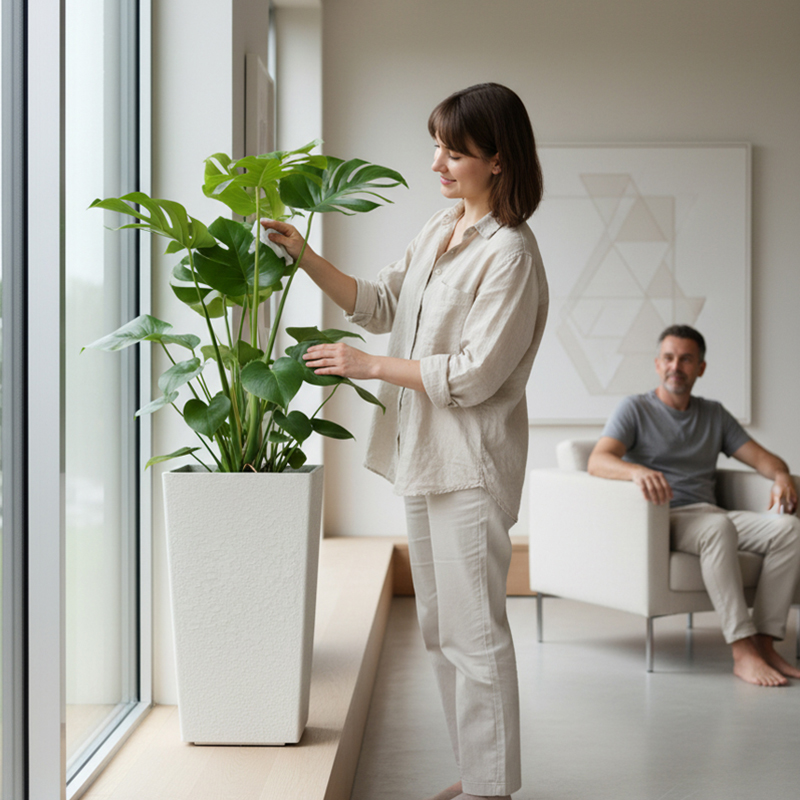 أصيص زهور بلاستيكي حديث مربع الشكل يشبه الجبس